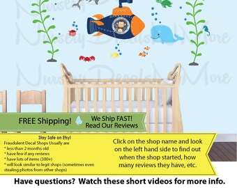 Kids Ocean Wall Decals - Submarine And Ocean Life Nursery Wall Decals (W29_T13_Su82_sW12_H21_F55_B28) SUBF Full Size