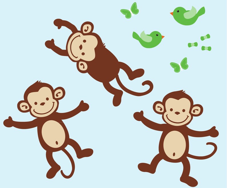 Monkey Wall Decals, Repositionable Monkey Stickers, Nursery Wall Decal Art 3 Monkeys only AOC image 1