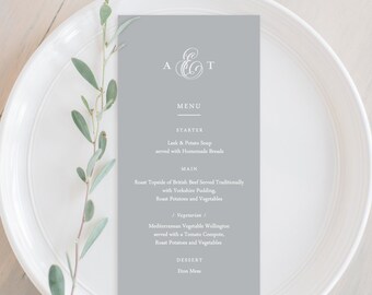 Minimalistic Grey Wedding Menu, Monogram Wedding Menu