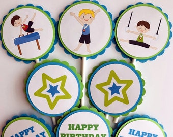 Boys Gymnastics Birthday Party Cupcake Toppers/Boys Gymnastics Party Cupcake Toppers/Boys Tumbling Party/Boys Gymnastics Party - Set of 12