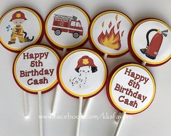 Fireman Party Cupcake Toppers/Fireman Birthday Cupcake Toppers/Fireman Cupcake Toppers/Fire Truck Party Cupcake Toppers - Set of 12