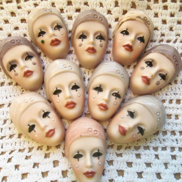 RESERVED!        Ten Two Inch Painted Ceramic Faces Dated and Stamped ~ Estate Find ~