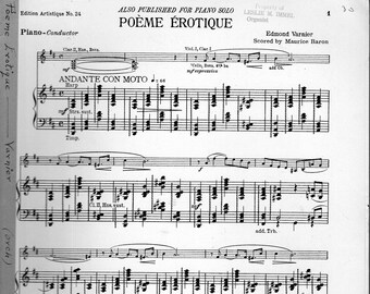 Edmond Varnier - "Poeme Erotique" - 1926c 5pg piano/conductor score - Scored by Maurice Baron - Good condition