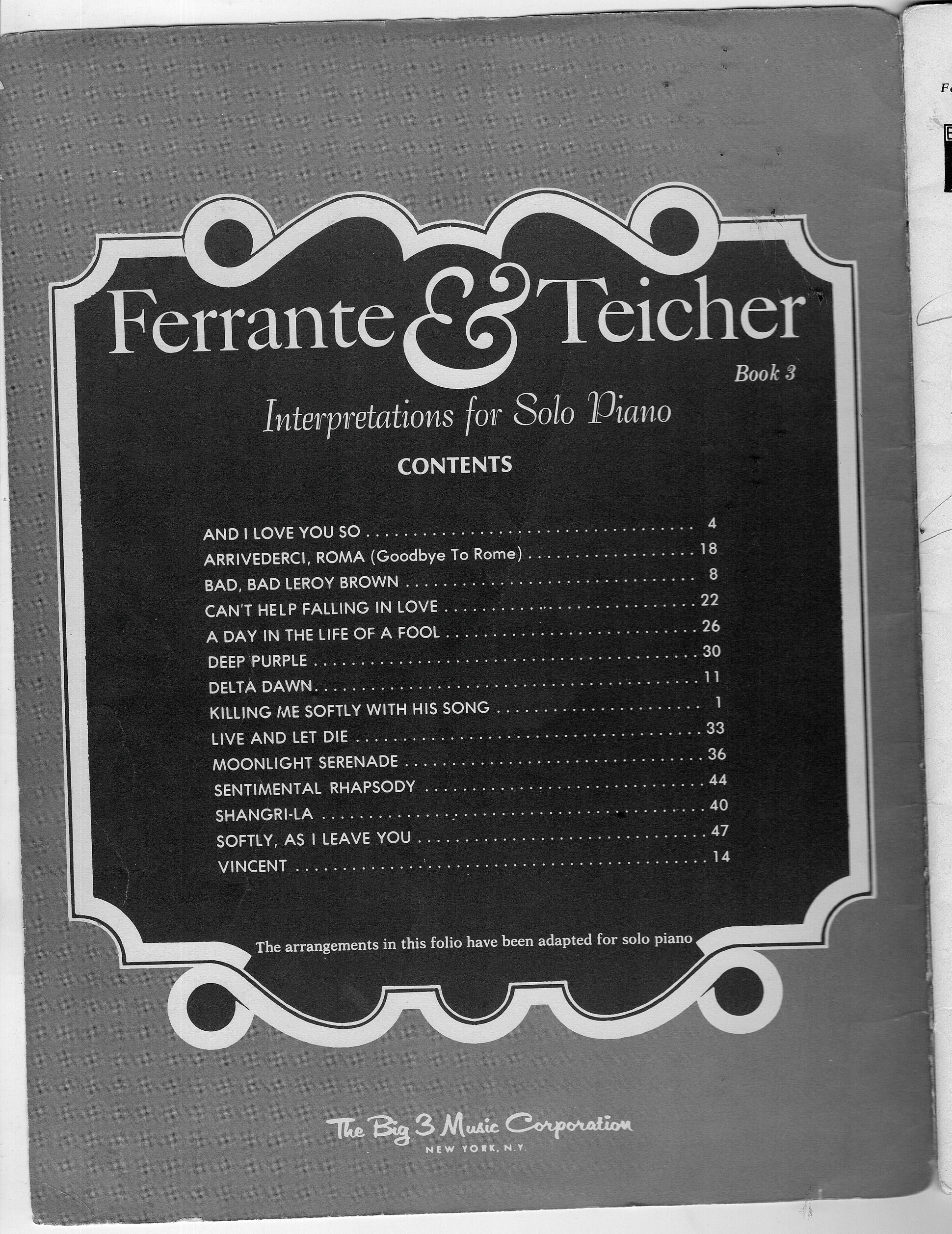 Ferrante and Teicher Book 3 Interpretations for Solo Piano 1974c Fair