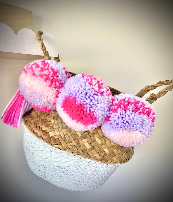 Neon pink, lavender/lilac and pastel pink seagrass pom pom basket. Belly basket. One of a kind. Storage. Seagrass basket. Plant pot.