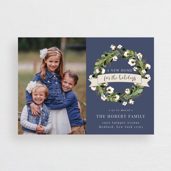 A New Home For the Holidays Moving Announcement Photo Card, Cotton Wreath New Address Photo | We've Moved | Printed Rustic Farmhouse 111NH