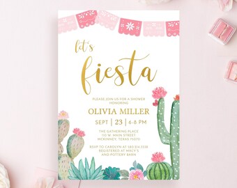 Let's Fiesta Baby Shower Invitation, PRINTED Baby Shower, Pink and Gold Cactus Shower, Taco Bout a Baby Shower Invite, Succulent #003I-A