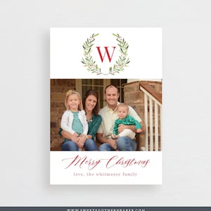 Wreath Monogram Christmas Photo Card PRINTED | Holiday Monogram Christmas Card | Personalized Crest Holiday Card |  Christmas Card 016CC