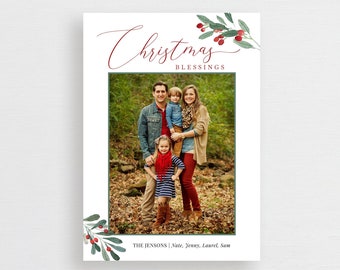 Christmas Blessings Holly Photo Cards, PRINTED CARDS, Personalized Christmas Cards, Religious Verse Holiday Card,  Floral Frame, #029CC