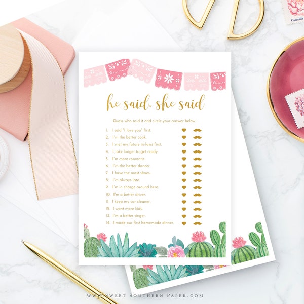 Fiesta Bridal Shower Game | He Said, She Said Game | INSTANT DOWNLOAD, Cactus Printable Shower Game, Taco Bout Love, Couples Shower #003BG-B