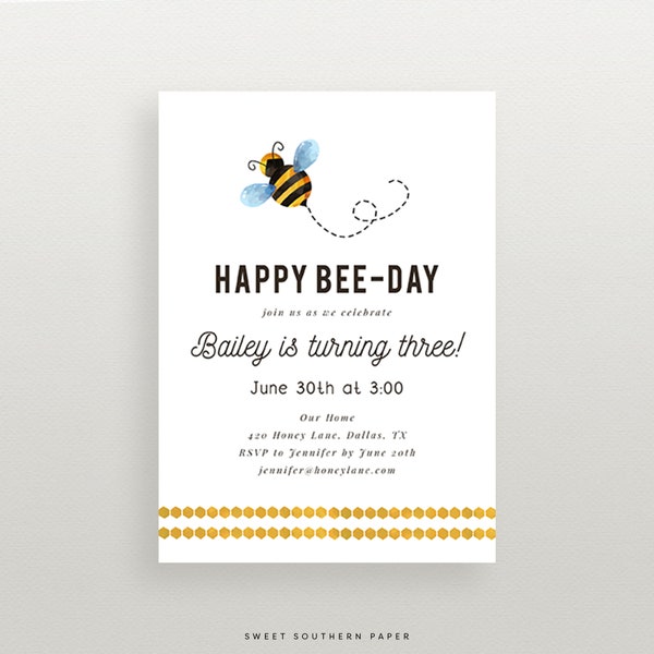 Happy Bee Day PRINTED INVITATION, Bee Birthday Invitation, Personalized Bee Birthday Invite, #001BD
