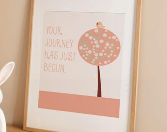Arte infantil inspirador, lámina artística de árbol y pájaro estilo boho, "Tu viaje acaba de comenzar". Descarga instantánea (descarga digital de 8x10 pulgadas).