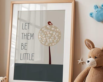 Lámina decorativa infantil Boho Tree Bird con la frase "Déjalos ser pequeños" (Descarga digital de 8x10 pulgadas)