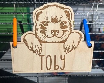 Personalized Ferret Cage Name Tag, Custom Engraved Wood Pet Tag, Small Animal Cage Decor