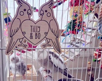 Personalized Cockatiel Duo Heart Cage Tag - Custom Engraved Wood Bird Accessory Decor for Pet Aviary