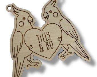 Personalized Cockatiel Duo Heart Cage Tag - Custom Engraved Wood Bird Accessory Decor for Pet Aviary