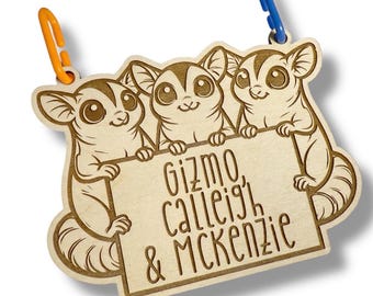 Personalized Sugar Glider Trio Cage Tag - Custom Engraved Wood Nameplate for Small Animal Habitat Decor