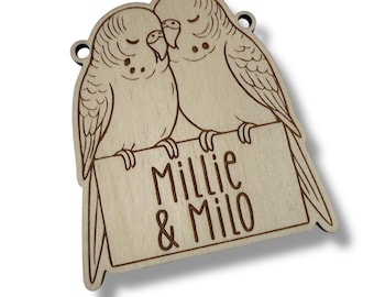Personalized Parakeet Budgie Duo Engraved Wood Cage Tag - Custom Pet Bird Accessory Decor