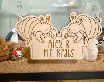 Personalized Hermit Crab Duo Tank Tag - Custom Engraved Wood Cage Accessories Aquarium Decor Pet Ornament