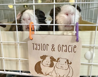 Personalized Guinea Pig Duo Cage Tag, Custom Engraved Wood Name Sign, Cavy Pet Accessories, Small Animal Decor