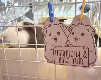 Personalized Guinea Pig Duo Cage Tag, Custom Engraved Wood Name Sign, Cavy Pet Accessories, Small Animal Decor