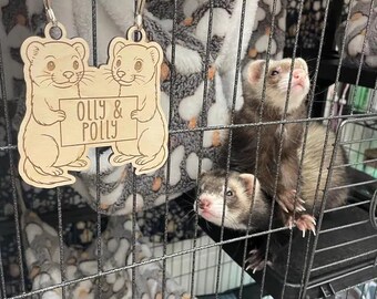 Personalized Ferret Duo Cage Name Tag, Custom Engraved Wood Pet Tag, Small Animal Cage Decor