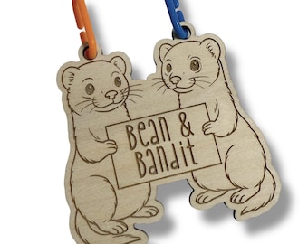 Personalized Ferret Duo Cage Name Tag, Custom Engraved Wood Pet Tag, Small Animal Cage Decor