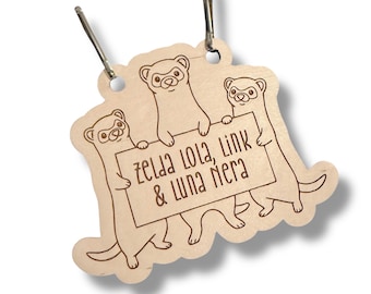 Personalized Ferret Trio Cage Name Tag, Custom Engraved Wood Pet Tag, Small Animal Cage Decor
