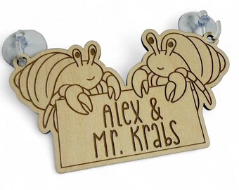 Personalized Hermit Crab Duo Tank Tag - Custom Engraved Wood Cage Accessories Aquarium Decor Pet Ornament