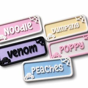 May include: Five rectangular name tags with raised lettering and spider motifs. The tags feature pastel pink, yellow, light blue, and purple backgrounds with white or black frames, displaying the names NOODLE, DUMPLING, venom, POPPY, and PEACHES.