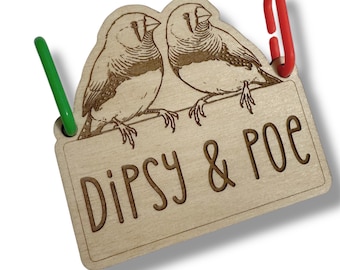 Personalized Zebra Finch Duo Bird Cage Tag - Custom Engraved Wood Pet Accessory for Small Animal Enclosure Decor