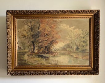 Framed Landscape Oil Painting on Board Woodland Stream Scene Ornate Gilt Frame