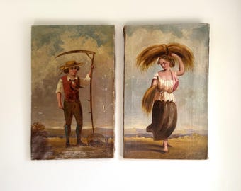 Pair of 19th-Century Signed Welling Harvest Paintings on Canvas