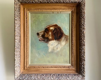 Antique Signed Oil Painting of a Saint Bernard Dog in Ornate Frame