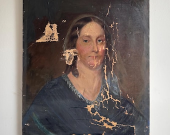 Antique Oil Portrait Painting – Heavily Aged & Worn