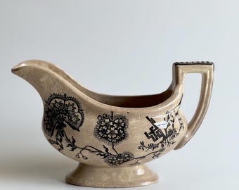 Antique Victorian Black Transferware Gravy Boat / Sauce Boat – c. 1870–1890
