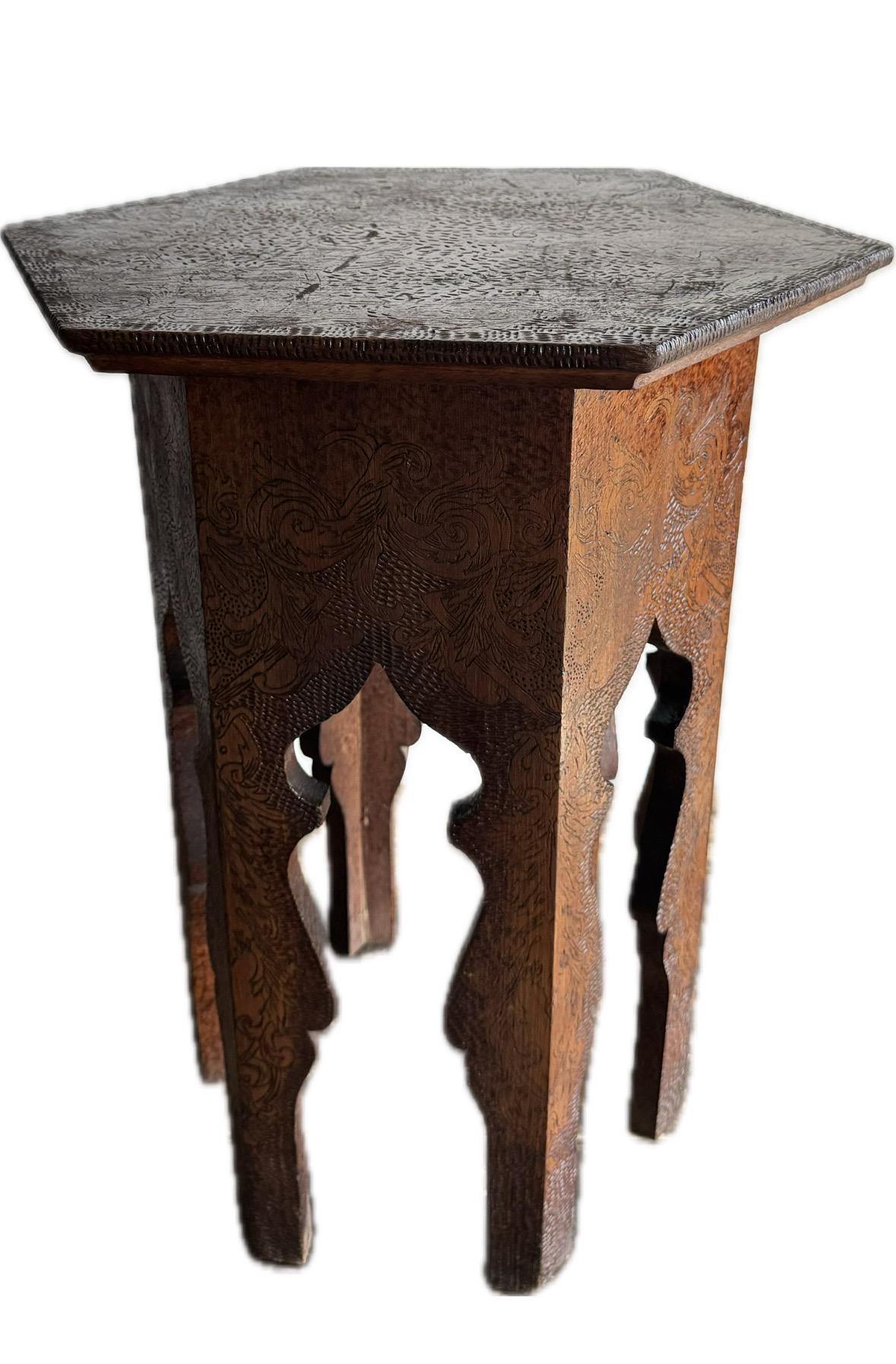 Antique Asian Hexagonal Carved Wood Pyrography Side Table/plant Stand ...