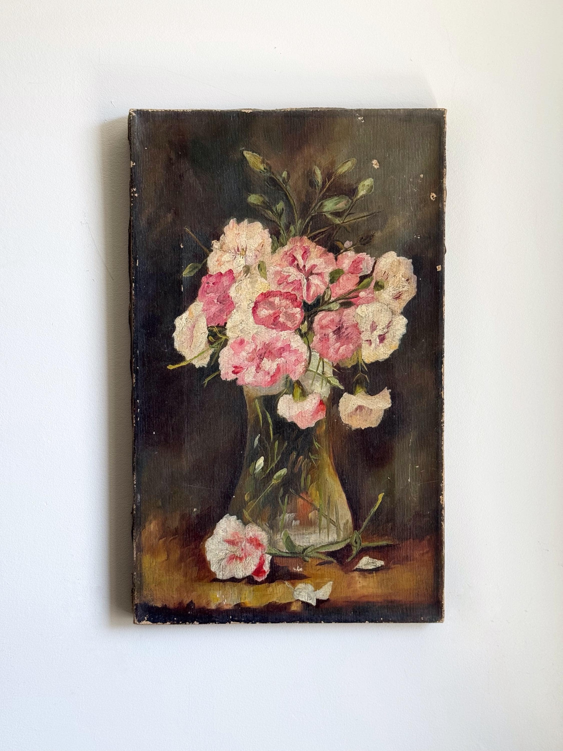 Antique Oil Still Life Roses Painting On Canvas