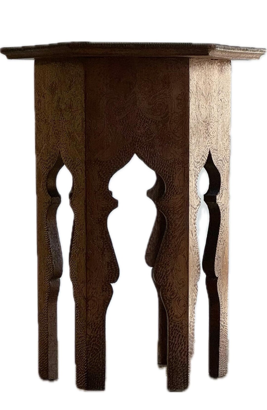 Antique Asian Hexagonal Carved Wood Pyrography Side Table/plant Stand ...