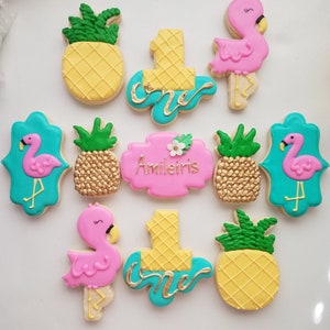 Flamingo 1st Birthday Sugar Cookies: Tropical Pineapple Set