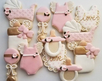 Pink baby shower cookies, little girl baby shower, girly sugar cookies, pink birthday sugar cookies