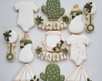 Succulent themed sugar cookies, neutral baby shower, succulent baby shower, boy baby shower