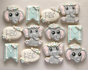 Elephant themed sugar cookies, elephant with flowers, elephant birthday, elephant baby shower, girlie elephant