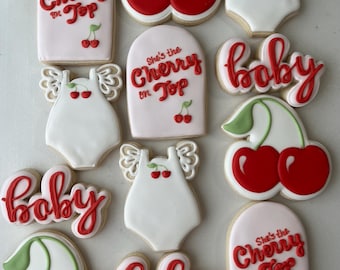 She's the cherry on top, cherry themed cookies, cherries, berry baby shower