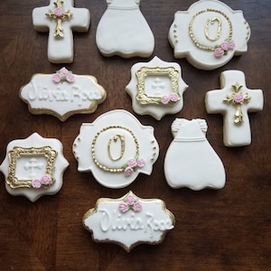 Baptism Sugar Cookies, communion sugar cookies, white and pink baptism cookies, white christening cookies, girl communion cookies