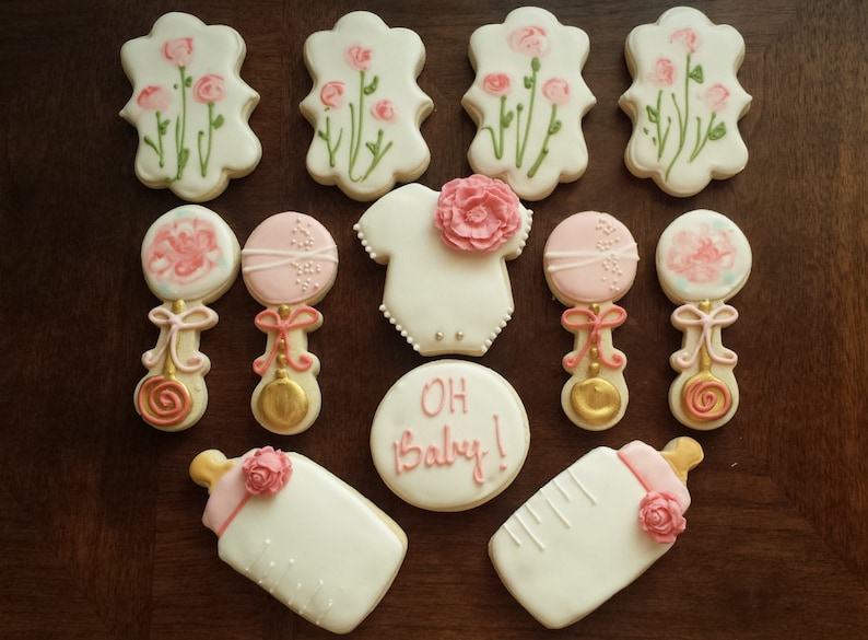 Garden baby shower sugar cookies, girl birthday cookies, baby shower cookies, flower cookies, pink white and gold cookies image 3