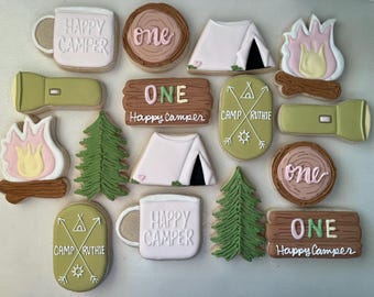 Camping themed sugar cookies, First Birthday,  Camping, outdoors, One Happy Camper