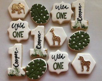 Wild One Sugar Cookies, Safari sugar cookies, jungle cookies, monkey, elephant,  birthday cookies