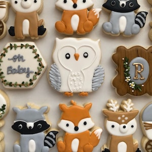 Woodland creatures baby shower, fox themed sugar cookies, raccoon themed sugar cookies