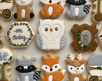 Woodland creatures baby shower, fox themed sugar cookies, raccoon themed sugar cookies